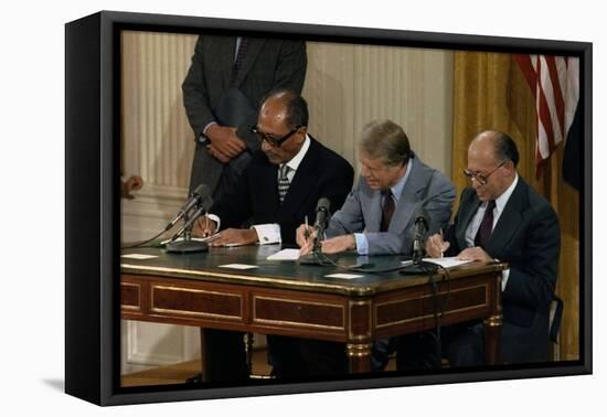 Anwar Sadat, Jimmy Carter, and Menahem Begin Signing Camp David Accords, 1978-null-Framed Stretched Canvas