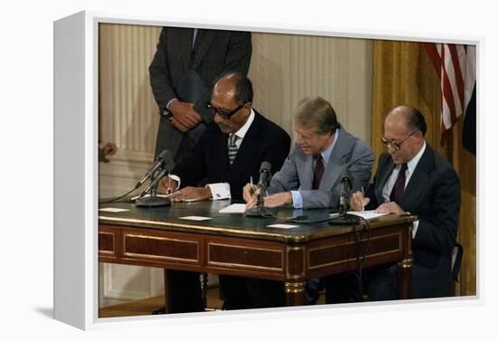 Anwar Sadat, Jimmy Carter, and Menahem Begin Signing Camp David Accords, 1978-null-Framed Stretched Canvas