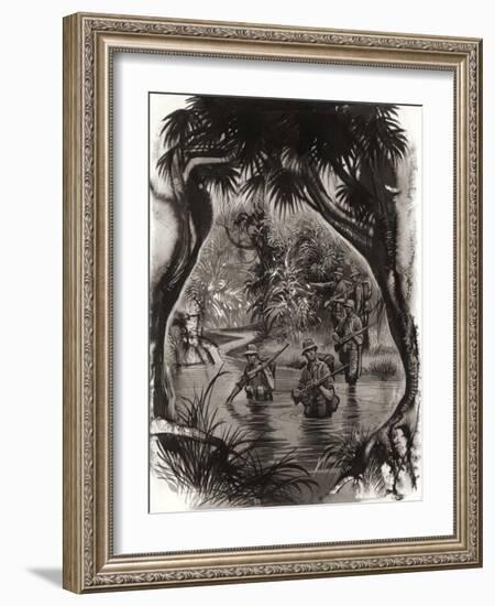 Anzac Troops Crossing a Jungle River During a World War II Patrol-Ron Embleton-Framed Premium Giclee Print