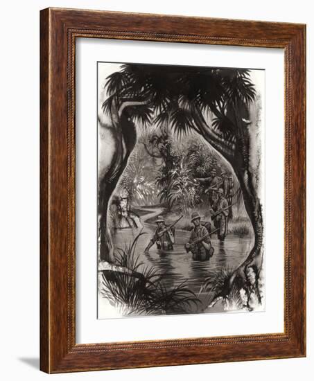 Anzac Troops Crossing a Jungle River During a World War II Patrol-Ron Embleton-Framed Premium Giclee Print