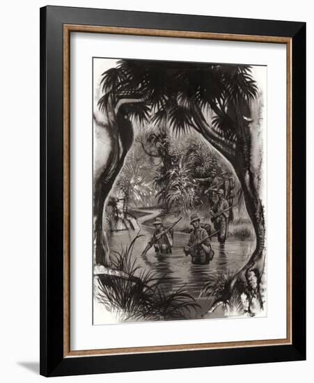 Anzac Troops Crossing a Jungle River During a World War II Patrol-Ron Embleton-Framed Premium Giclee Print