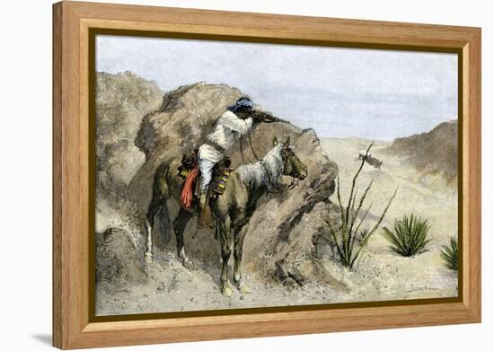 Apache Warrior Ambushing a Covered Wagon in the Southwest, c.1800-null-Framed Premier Image Canvas