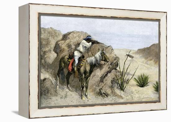 Apache Warrior Ambushing a Covered Wagon in the Southwest, c.1800-null-Framed Premier Image Canvas