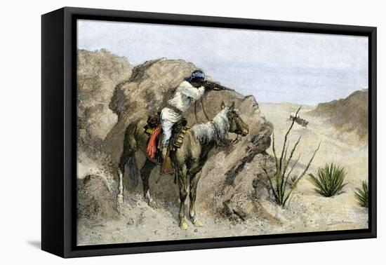 Apache Warrior Ambushing a Covered Wagon in the Southwest, c.1800-null-Framed Premier Image Canvas