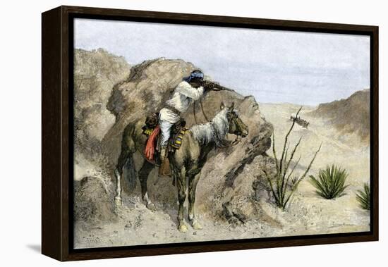 Apache Warrior Ambushing a Covered Wagon in the Southwest, c.1800-null-Framed Premier Image Canvas