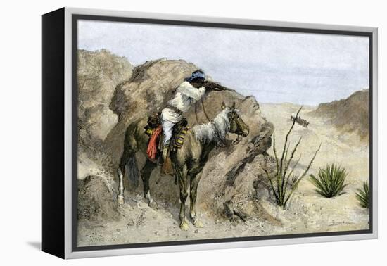 Apache Warrior Ambushing a Covered Wagon in the Southwest, c.1800-null-Framed Premier Image Canvas