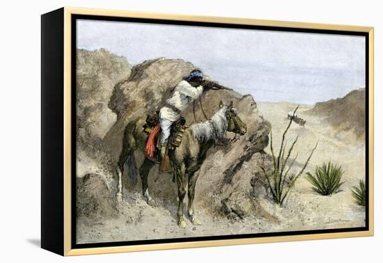 Apache Warrior Ambushing a Covered Wagon in the Southwest, c.1800-null-Framed Premier Image Canvas