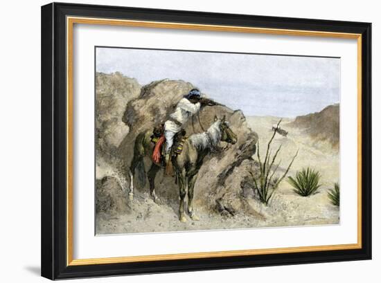 Apache Warrior Ambushing a Covered Wagon in the Southwest, c.1800-null-Framed Giclee Print