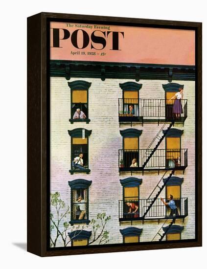"Apartment Clarinetist" Saturday Evening Post Cover, April 19, 1958-John Falter-Framed Premier Image Canvas