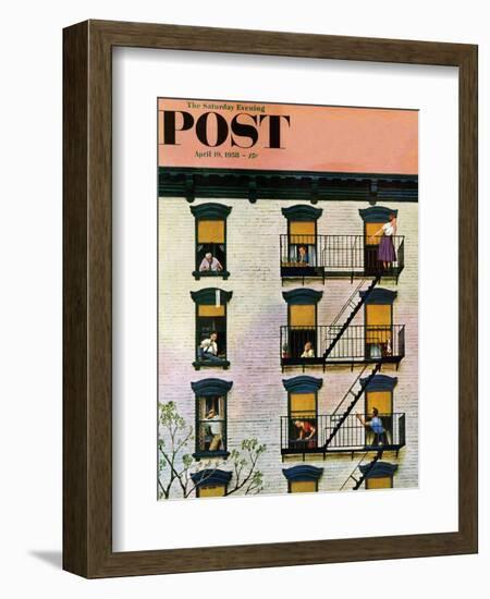 "Apartment Clarinetist" Saturday Evening Post Cover, April 19, 1958-John Falter-Framed Giclee Print