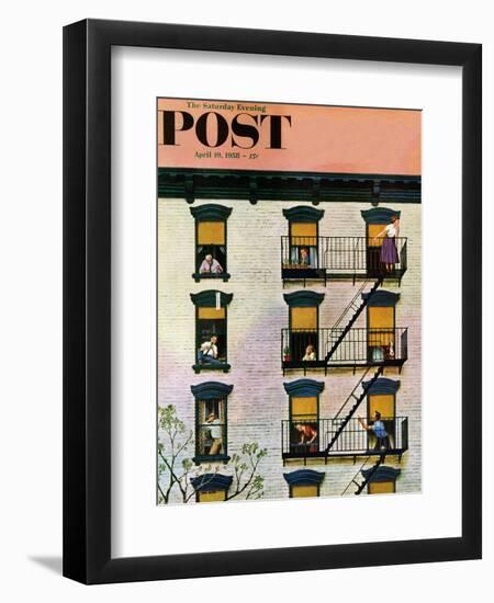 "Apartment Clarinetist" Saturday Evening Post Cover, April 19, 1958-John Falter-Framed Giclee Print