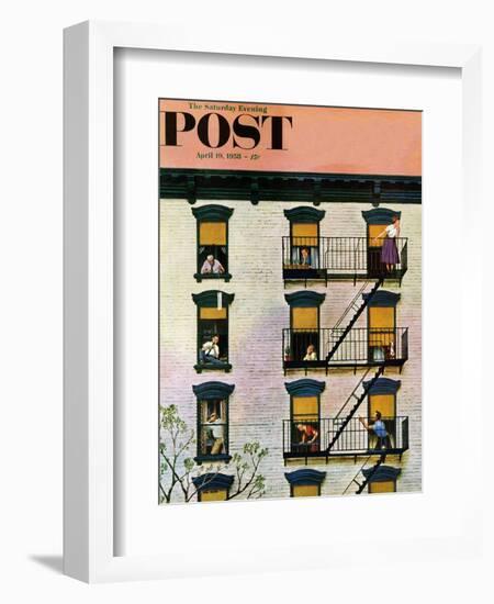 "Apartment Clarinetist" Saturday Evening Post Cover, April 19, 1958-John Falter-Framed Giclee Print