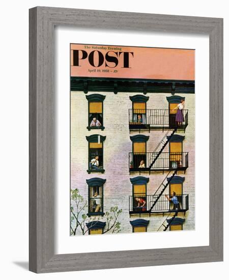 "Apartment Clarinetist" Saturday Evening Post Cover, April 19, 1958-John Falter-Framed Giclee Print