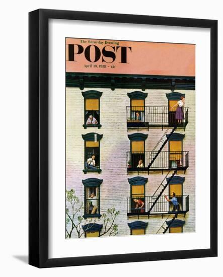 "Apartment Clarinetist" Saturday Evening Post Cover, April 19, 1958-John Falter-Framed Giclee Print