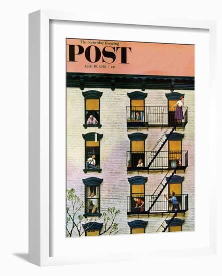 "Apartment Clarinetist" Saturday Evening Post Cover, April 19, 1958-John Falter-Framed Giclee Print