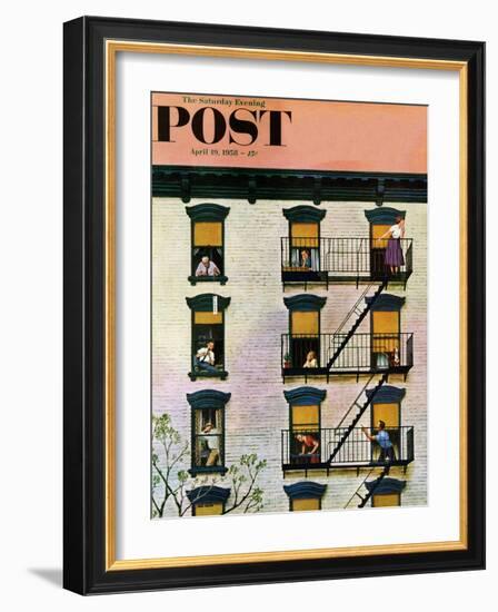 "Apartment Clarinetist" Saturday Evening Post Cover, April 19, 1958-John Falter-Framed Giclee Print