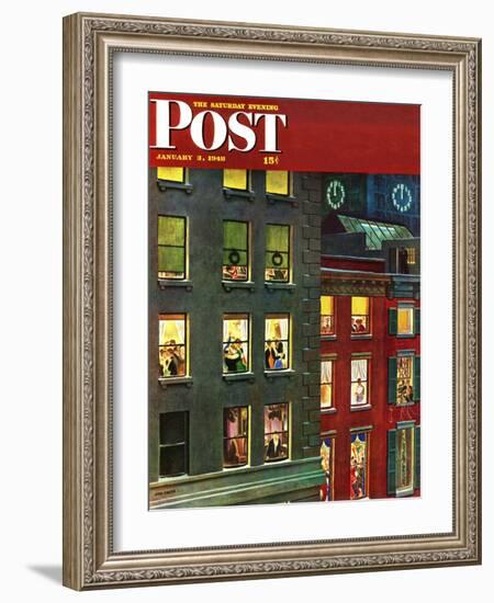 "Apartment Dwellers on New Year's Eve," Saturday Evening Post Cover, January 3, 1948-John Falter-Framed Premium Giclee Print