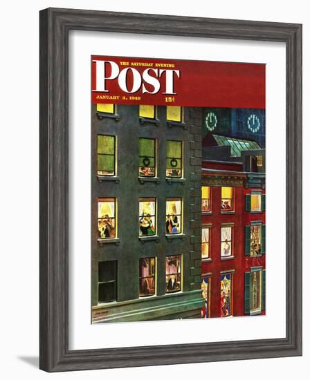 "Apartment Dwellers on New Year's Eve," Saturday Evening Post Cover, January 3, 1948-John Falter-Framed Premium Giclee Print