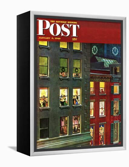 "Apartment Dwellers on New Year's Eve," Saturday Evening Post Cover, January 3, 1948-John Falter-Framed Premier Image Canvas