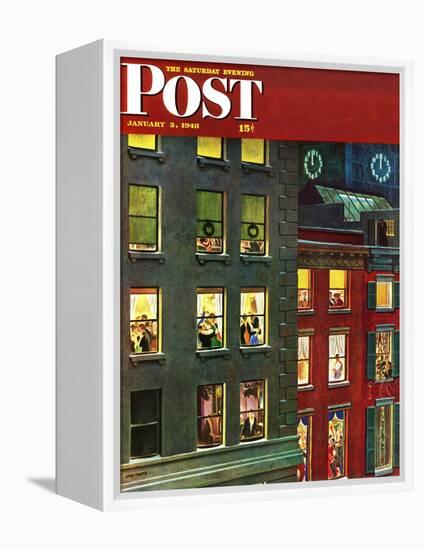 "Apartment Dwellers on New Year's Eve," Saturday Evening Post Cover, January 3, 1948-John Falter-Framed Premier Image Canvas