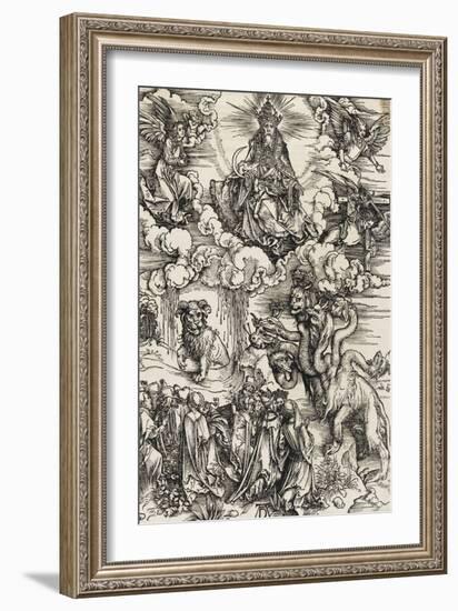 Apocalypse selon Saint Jean - Le monstre de sept têtes et la bête à cornes-Albrecht Dürer-Framed Giclee Print