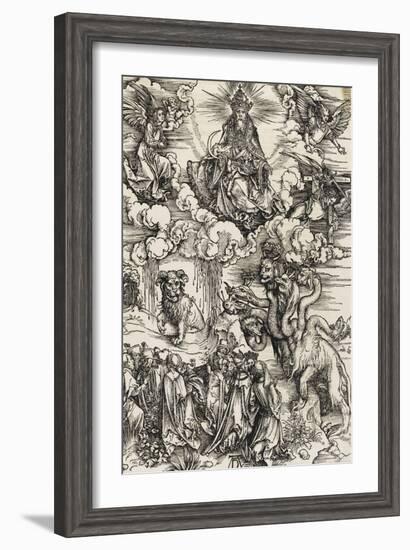 Apocalypse selon Saint Jean - Le monstre de sept têtes et la bête à cornes-Albrecht Dürer-Framed Giclee Print