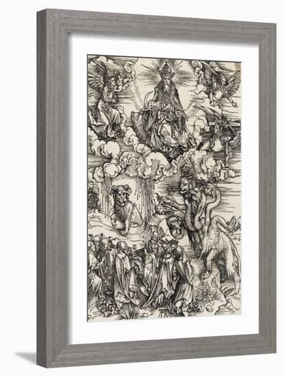 Apocalypse selon Saint Jean - Le monstre de sept têtes et la bête à cornes-Albrecht Dürer-Framed Giclee Print