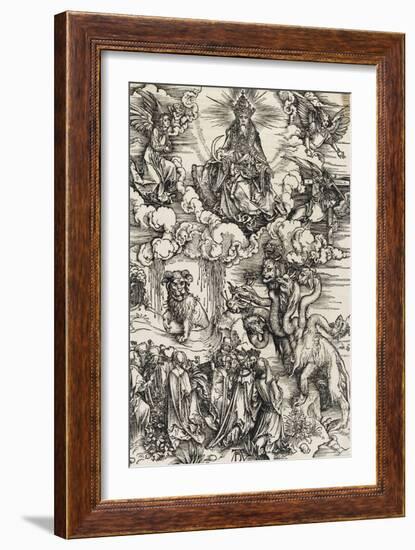 Apocalypse selon Saint Jean - Le monstre de sept têtes et la bête à cornes-Albrecht Dürer-Framed Giclee Print