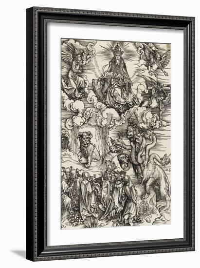 Apocalypse selon Saint Jean - Le monstre de sept têtes et la bête à cornes-Albrecht Dürer-Framed Giclee Print