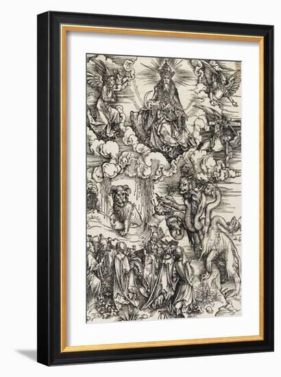 Apocalypse selon Saint Jean - Le monstre de sept têtes et la bête à cornes-Albrecht Dürer-Framed Giclee Print