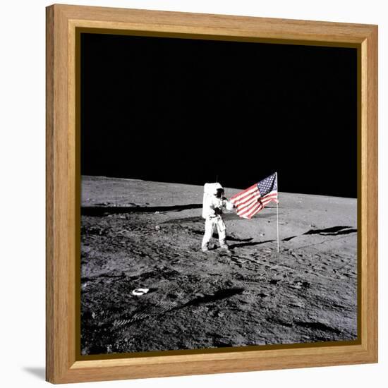 Apollo 12 Astronaut Charles "Pete" Conrad Stands Beside the United States Flag-null-Framed Stretched Canvas