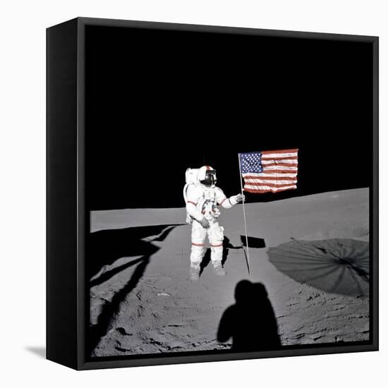 Apollo 14 Astronaut Alan B Shepard Stands by the US Flag on the Lunar Fra Mauro Highlands-null-Framed Stretched Canvas