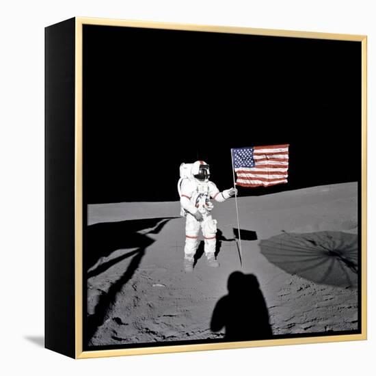 Apollo 14 Astronaut Alan B Shepard Stands by the US Flag on the Lunar Fra Mauro Highlands-null-Framed Stretched Canvas