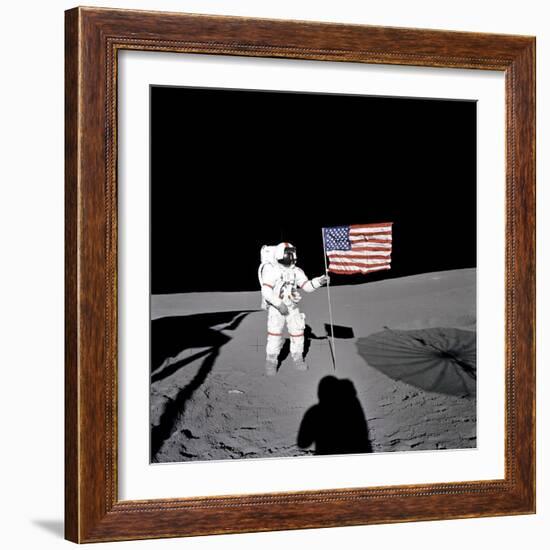 Apollo 14 Astronaut Alan B Shepard Stands by the US Flag on the Lunar Fra Mauro Highlands-null-Framed Photo