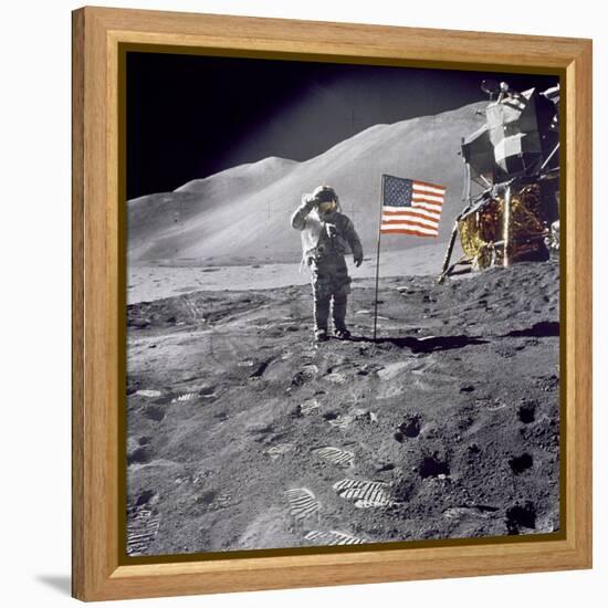 Apollo 15 Astronaut David Scott, Gives a Military Salute to US Flag on the Moon, July 30, 1971-null-Framed Stretched Canvas