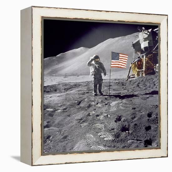 Apollo 15 Astronaut David Scott, Gives a Military Salute to US Flag on the Moon, July 30, 1971-null-Framed Stretched Canvas