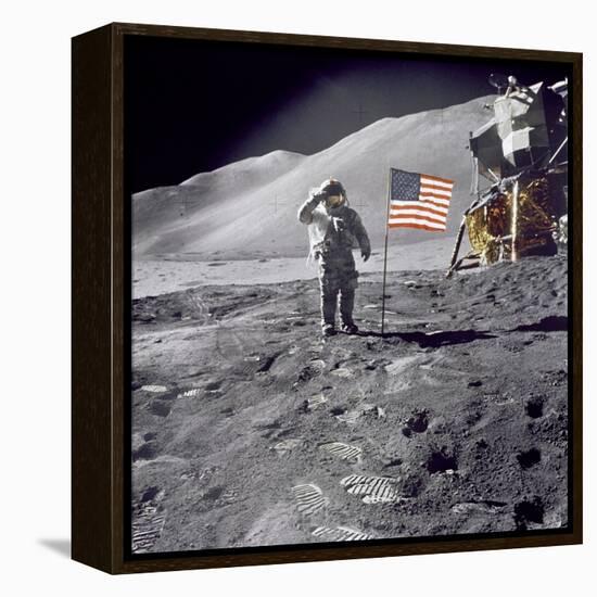 Apollo 15 Astronaut David Scott, Gives a Military Salute to US Flag on the Moon, July 30, 1971-null-Framed Stretched Canvas