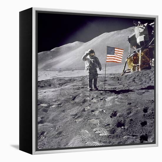 Apollo 15 Astronaut David Scott, Gives a Military Salute to US Flag on the Moon, July 30, 1971-null-Framed Stretched Canvas