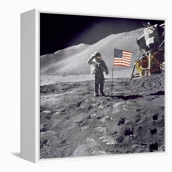 Apollo 15 Astronaut David Scott, Gives a Military Salute to US Flag on the Moon, July 30, 1971-null-Framed Stretched Canvas