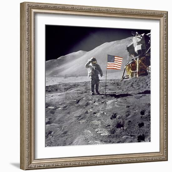 Apollo 15 Astronaut David Scott, Gives a Military Salute to US Flag on the Moon, July 30, 1971-null-Framed Photo