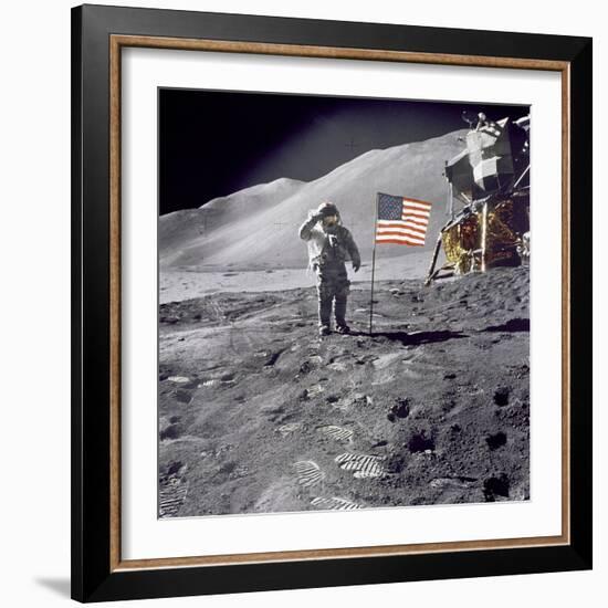 Apollo 15 Astronaut David Scott, Gives a Military Salute to US Flag on the Moon, July 30, 1971-null-Framed Photo