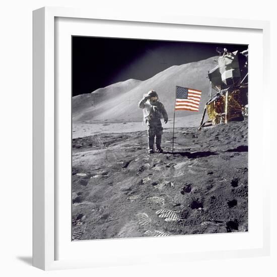 Apollo 15 Astronaut David Scott, Gives a Military Salute to US Flag on the Moon, July 30, 1971-null-Framed Photo