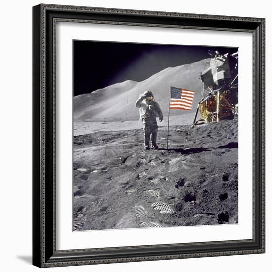 Apollo 15 Astronaut David Scott, Gives a Military Salute to US Flag on the Moon, July 30, 1971-null-Framed Photo