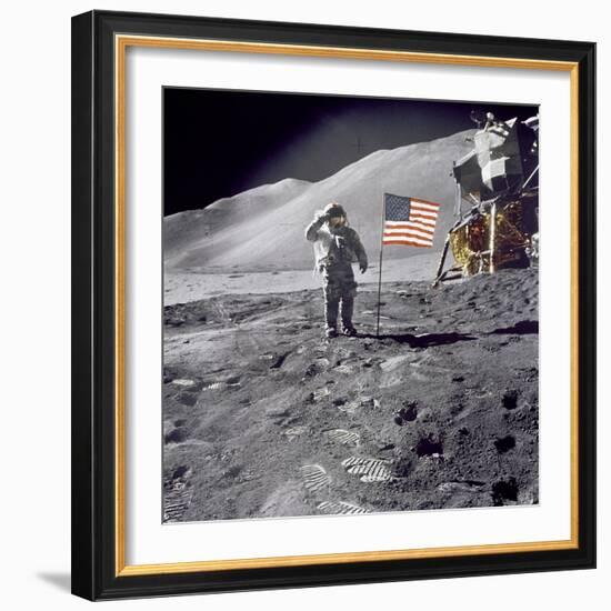 Apollo 15 Astronaut David Scott, Gives a Military Salute to US Flag on the Moon, July 30, 1971-null-Framed Photo