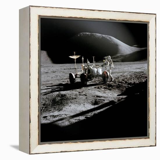 Apollo 15 Astronaut James Irwin Works at the Lunar Roving Vehicle at Hadley-Apennine Landing Site-null-Framed Stretched Canvas