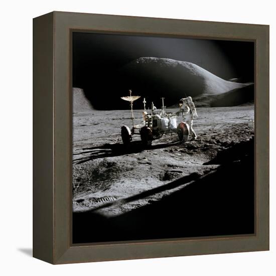 Apollo 15 Astronaut James Irwin Works at the Lunar Roving Vehicle at Hadley-Apennine Landing Site-null-Framed Stretched Canvas