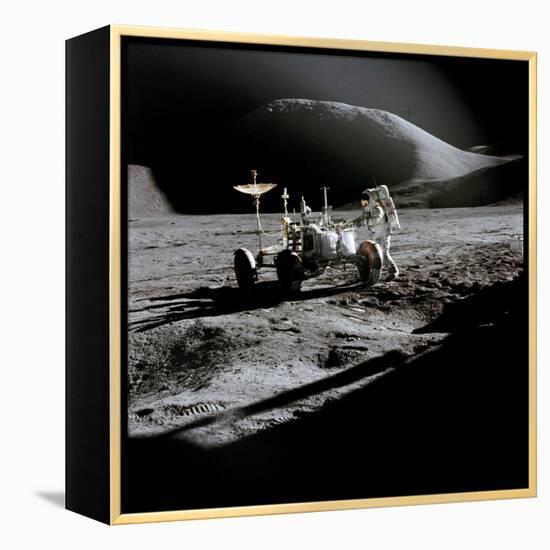 Apollo 15 Astronaut James Irwin Works at the Lunar Roving Vehicle at Hadley-Apennine Landing Site-null-Framed Stretched Canvas