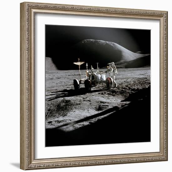 Apollo 15 Astronaut James Irwin Works at the Lunar Roving Vehicle at Hadley-Apennine Landing Site-null-Framed Photo