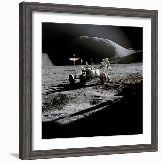 Apollo 15 Astronaut James Irwin Works at the Lunar Roving Vehicle at Hadley-Apennine Landing Site-null-Framed Photo