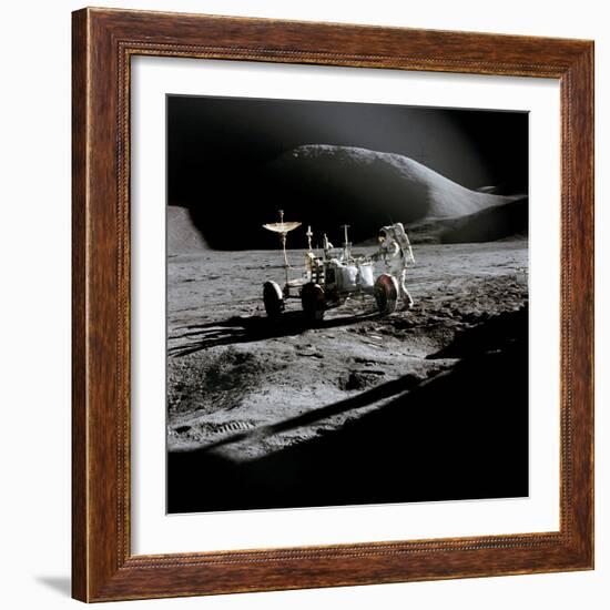 Apollo 15 Astronaut James Irwin Works at the Lunar Roving Vehicle at Hadley-Apennine Landing Site-null-Framed Photo